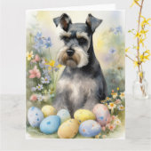 Schnauzer Hond met Paaseieren Vakantie Kaart (Gele Bloem)