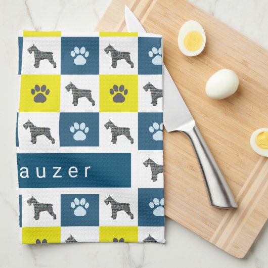 Schnauzer Hond & Poot Geel & Blauw Grid Theedoek (Quarter Fold)