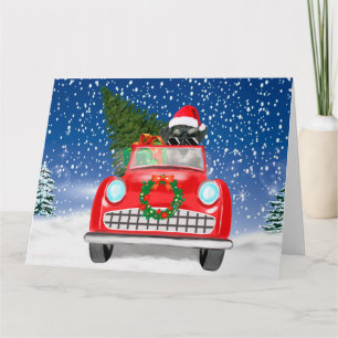 Schnauzer-hond rijdt auto in sneeuw met Kerstmis  Kaart