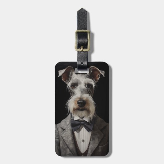 Schnauzer Hondenportret Grijs Pak Bow Stropdas Bagagelabel (Voorkant verticaal)