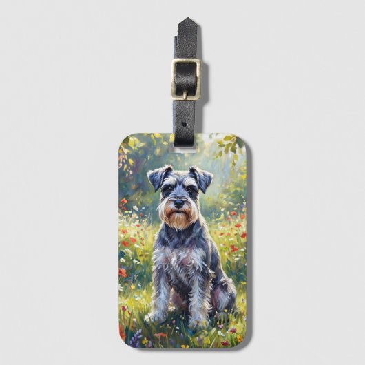 Schnauzer in bloemenweide bagagelabel (Voorkant (verticaal))