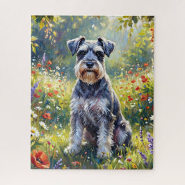 Schnauzer in bloemenweide legpuzzel