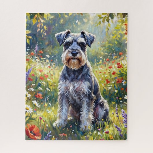 Schnauzer in bloemenweide legpuzzel (Verticaal)
