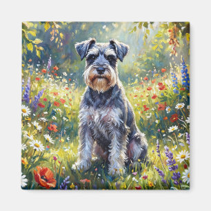 Schnauzer in bloemenweide magneet