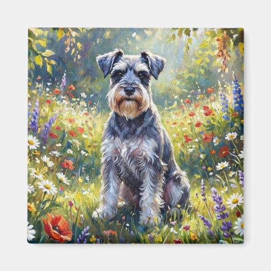 Schnauzer in bloemenweide magneet (Voorkant)