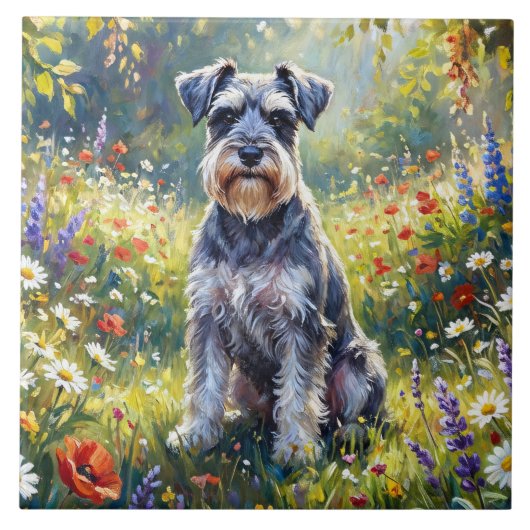 Schnauzer in bloemenweide tegeltje (Voorkant)