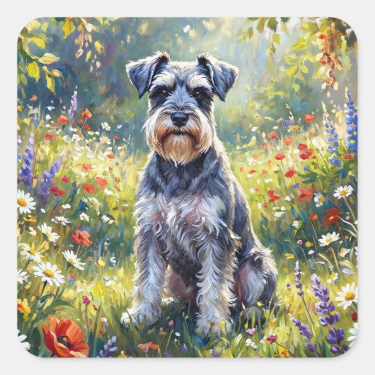 Schnauzer in bloemenweide vierkante sticker (Voorkant)