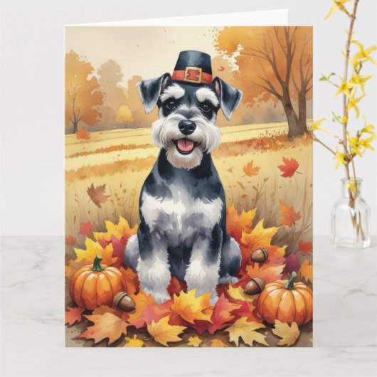 Schnauzer in de herfst verlaat de Thanksgiving Kaart (Gele Bloem)