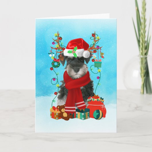 Schnauzer in de sneeuw met kerstcadeaus kaart (Voorkant)
