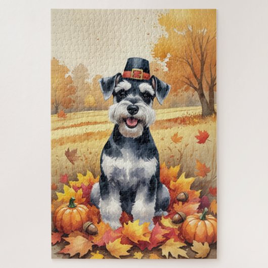 Schnauzer in herfstbladeren dankbaarheids kunst legpuzzel (Verticaal)