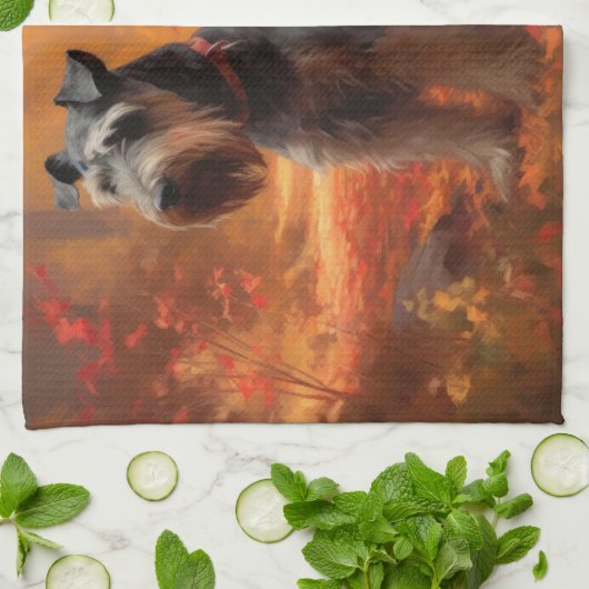 Schnauzer in Herfstbladeren Herfst Inspire Theedoek (Gevouwen)