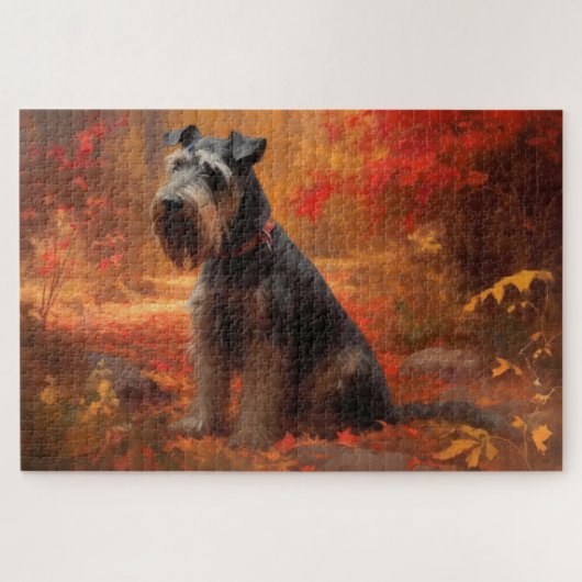 Schnauzer in herfstbladeren val inspireert legpuzzel (Horizontaal)