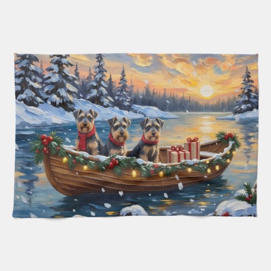 Schnauzer Kerstboot Vakantie Theedoek (Horizontaal)