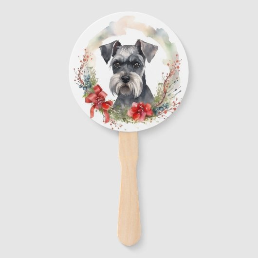 Schnauzer Kerstkrans Feestelijke Pup Handwaaier (Achterkant)