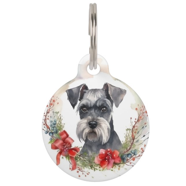 Schnauzer Kerstkrans Feestelijke Pup Huisdierpenning (Voorkant)