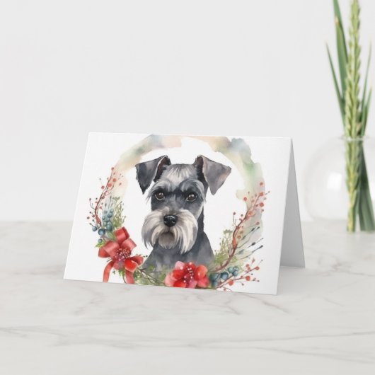 Schnauzer Kerstkrans Feestelijke Pup Kaart (Voorkant)