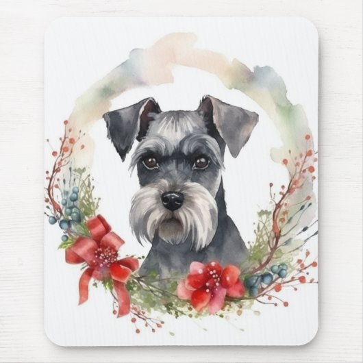 Schnauzer Kerstkrans Feestelijke Pup Muismat (Voorkant)