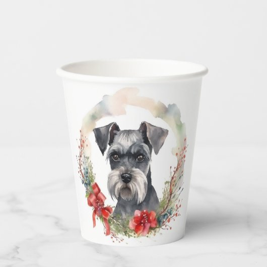 Schnauzer Kerstkrans Feestelijke Pup Papieren Bekers (Voorkant)