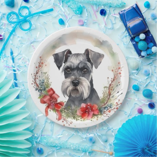Schnauzer Kerstkrans Feestelijke Pup Papieren Bordje (Feest)