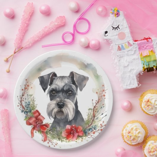 Schnauzer Kerstkrans Feestelijke Pup Papieren Bordje (Feest)