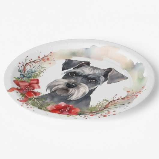 Schnauzer Kerstkrans Feestelijke Pup Papieren Bordje (Gekanteld)