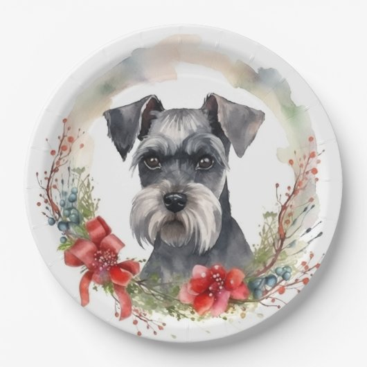 Schnauzer Kerstkrans Feestelijke Pup Papieren Bordje (Voorkant)
