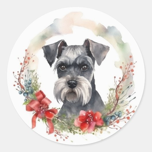 Schnauzer Kerstkrans Feestelijke Pup Ronde Sticker (Voorkant)