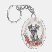 Schnauzer Kerstkrans Feestelijke Pup Sleutelhanger (Voorkant Links)
