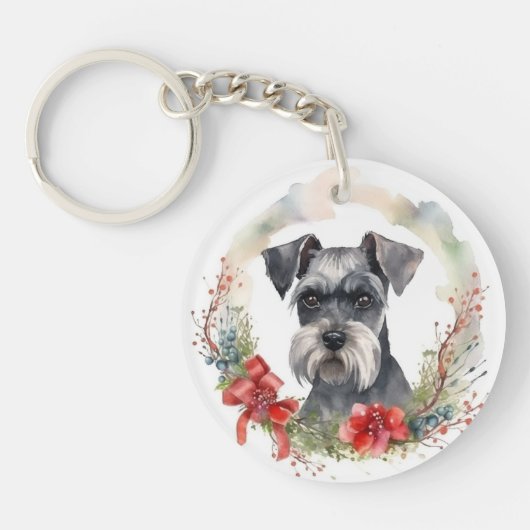Schnauzer Kerstkrans Feestelijke Pup Sleutelhanger (Voorkant)