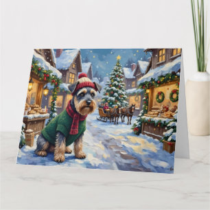 Schnauzer Kerstmis Besneeuwd Dorpsmarkt Schilderij Kaart