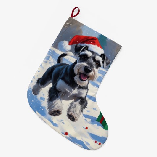Schnauzer loopt in de sneeuw met kerst Pet Grote Kerstsok (Voorkant (Hangend))