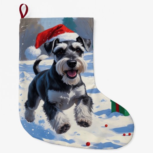 Schnauzer loopt in de sneeuw met kerst Pet Grote Kerstsok (Voorkant)