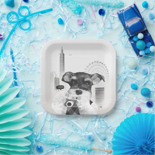 Schnauzer met camera papieren bordje (Feest)