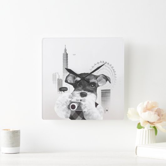 Schnauzer met camera vierkante klok (Huis)