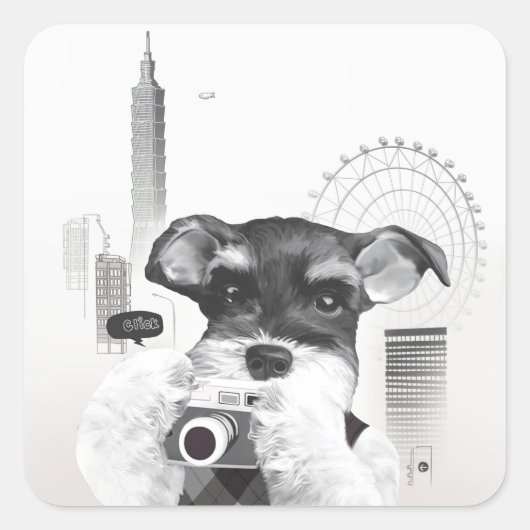 Schnauzer met camera vierkante sticker (Voorkant)