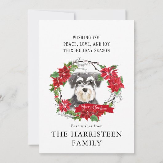 Schnauzer Mini Waterverf Poinsettia Kerst Feestdagenkaart (Voorkant)