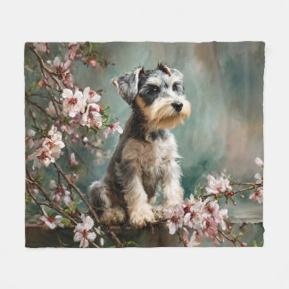 Schnauzer Puppy Among Spring Cherry Blossoms Fleece Deken