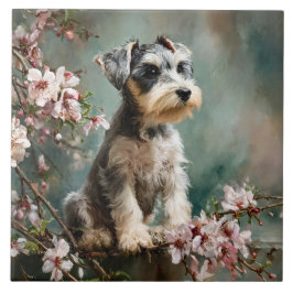 Schnauzer Puppy Among Spring Cherry Blossoms Tegeltje