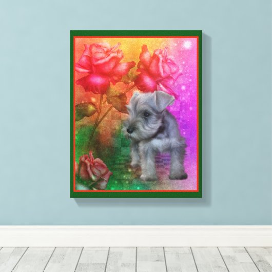 Schnauzer Puppy Fantasy Rozen Dog Art Canvas Afdruk (Insitu (Houten vloer))