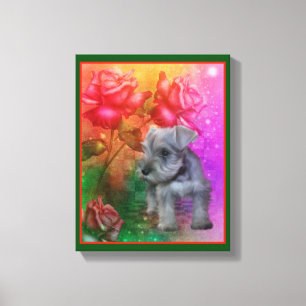 Schnauzer Puppy Fantasy Rozen Dog Art Canvas Afdruk