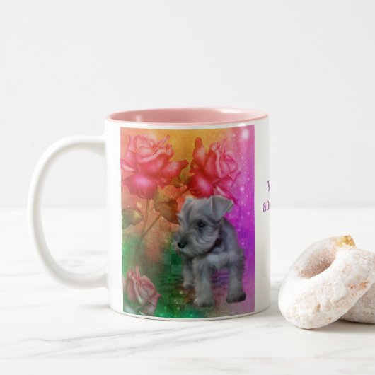 Schnauzer Puppy Fantasy Rozen Dog gepersonaliseerd Tweekleurige Koffiemok (Met donut)