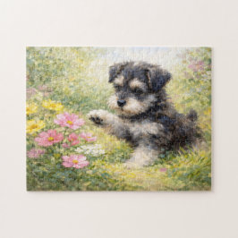 Schnauzer Puppy Lente Bloemen Legpuzzel