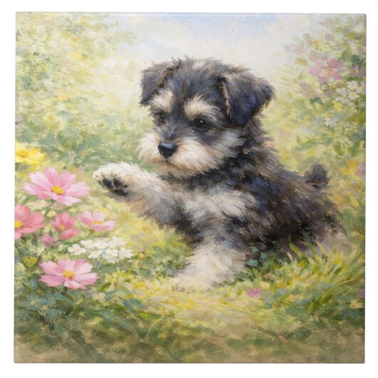 Schnauzer Puppy Lente Bloemen Tegeltje (Voorkant)