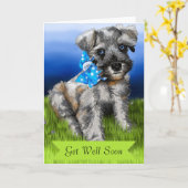 Schnauzer Puppy met Get Well Soon Kaart (Gele Bloem)