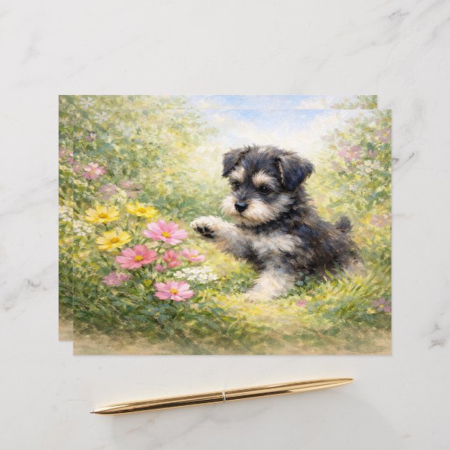Schnauzer Puppy Springtime Flowers Scrapbook Paper (Voorkant / Achterkant in situ)