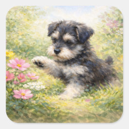 Schnauzer Puppy Springtime Flowers Vierkante Sticker