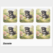 Schnauzer Puppy Springtime Flowers Vierkante Sticker (Vel)