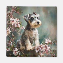 Schnauzer Puppy Tussen Lente Kersenbloesem Magneet