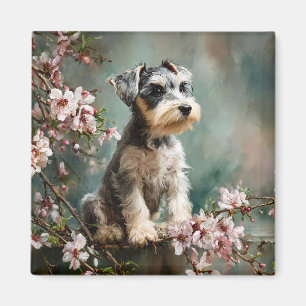 Schnauzer Puppy Tussen Lente Kersenbloesem Magneet