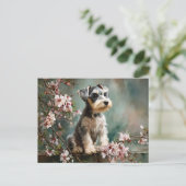 Schnauzer Puppy Tussen Lente Kersenbloesems Briefkaart (Staand voorkant)